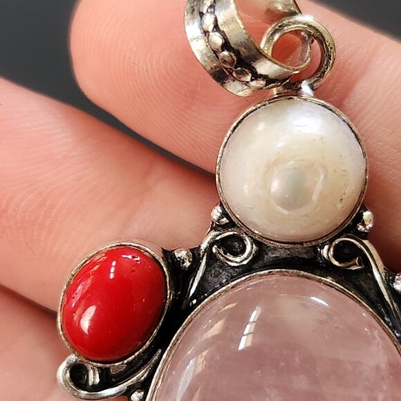 Rose Quartz & Pearl Sterling Silver Pendant Necklace with Red Jasper - Picture 8 of 12